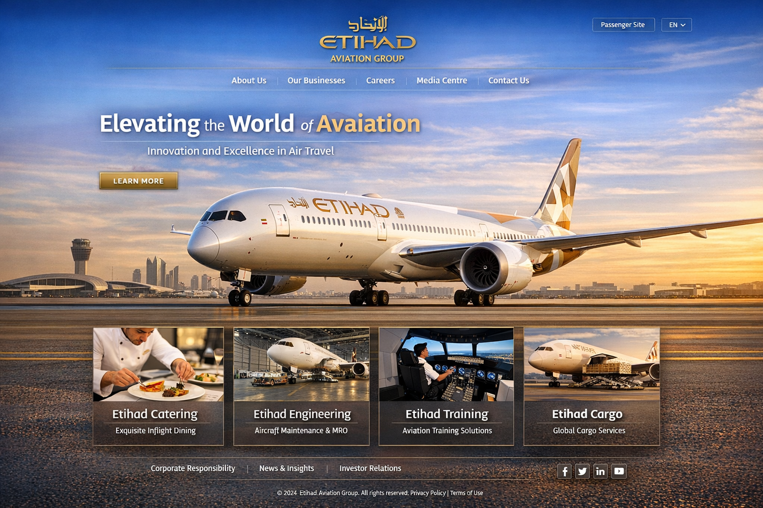 Etihad Aviation Group front-page hero design with Boeing aircraft and business cards